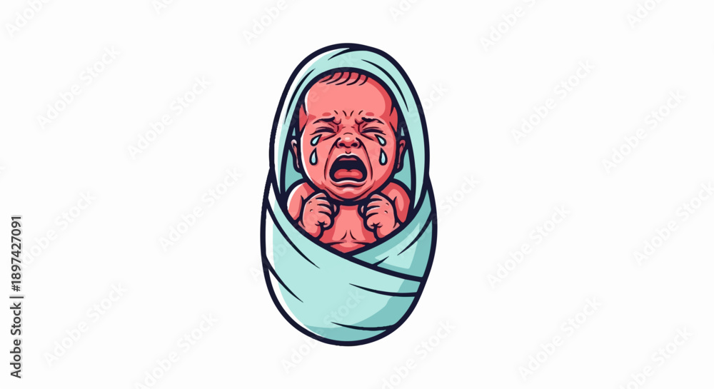 Fototapeta premium A distressed infant cries intensely, wrapped securely in a light blue swaddling blanket, with tear drops visible
