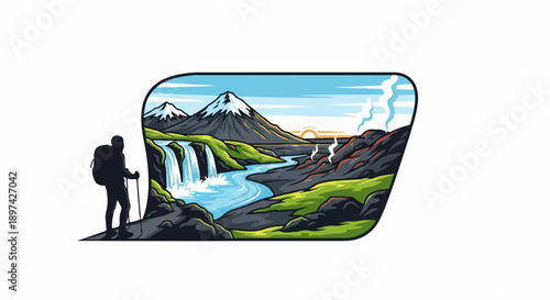 Silhouette hiker admires a dramatic volcanic landscape with waterfalls and snowy peaks