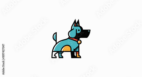 Playful cartoon dog with a bright blue body, black head, and red collar