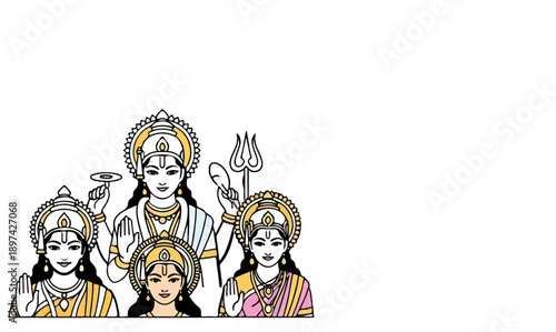 Divine family portrait with ornate headwear and traditional attire, holding symbolic objects