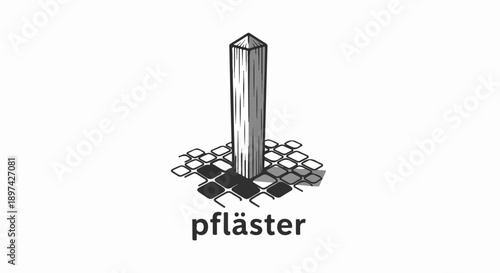 Stylized black and white illustration of a wooden post on a cobblestone path casting a shadow