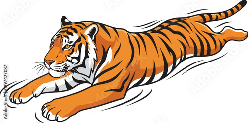 An orange and black striped tiger leaps forward, with stylized lines indicating motion