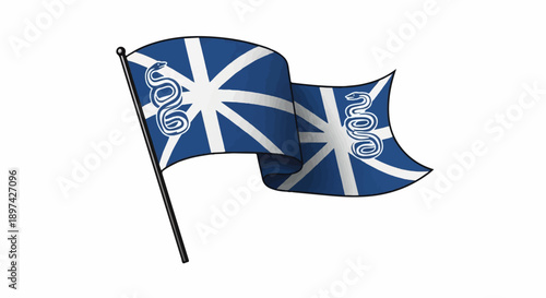 Waving blue and white flag with coiled snake symbol on flagpole
