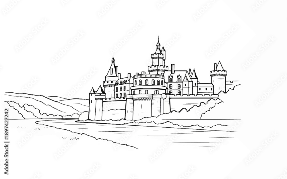 Naklejka premium Ornate, multi-turreted castle perched on a rocky hill overlooking a winding river and rolling countryside