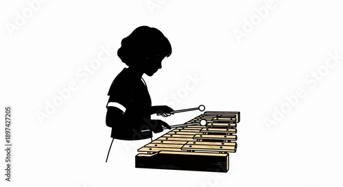 Silhouette of a child playing a xylophone with mallets on a white background