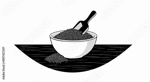 A bowl full of rice with a scoop, placed on a textured surface