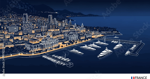 Illuminated cityscape and marina at night, with sleek yachts docked under a dark sky