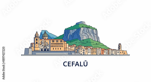 Coastal town with historical buildings and a prominent rocky mountain backdrop