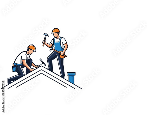 Construction workers on a roof installing shingles with tools