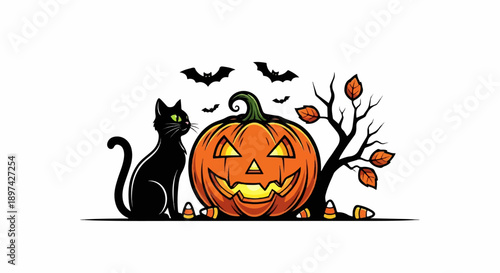 A black cat sits beside a carved pumpkin with candy corn and bats