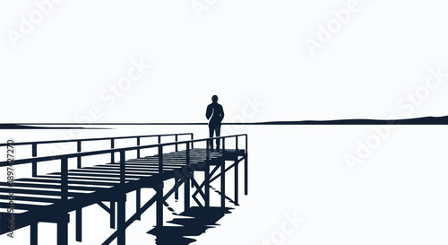 Solitary figure stands on a wooden pier against a minimalist horizon