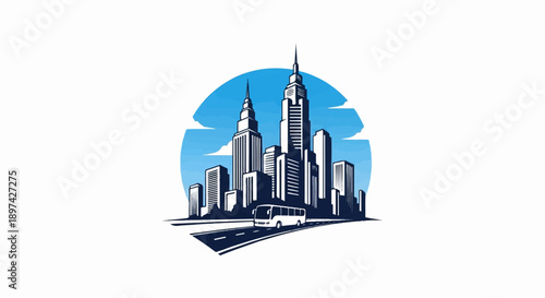 Bus travels towards a modern city skyline under a blue sky