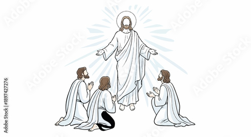 Ascending figure with open arms, bathed in light, observed by kneeling followers