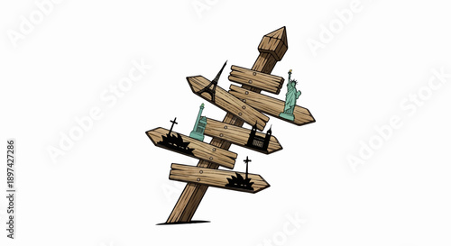 A leaning wooden signpost with iconic landmarks from various global cities