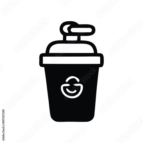Simple Black and White Icon of a Beverage Shaker with a Lid and a Small Logo or Symbol on its Side