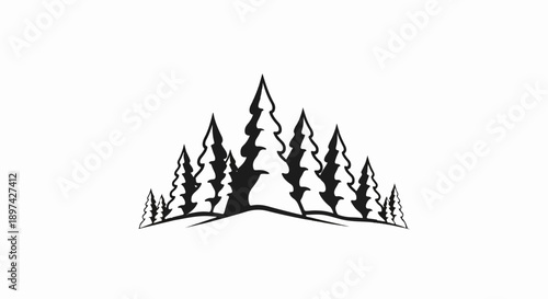 Stylized black silhouette of diverse evergreen trees standing tall on a gentle, undulating ground
