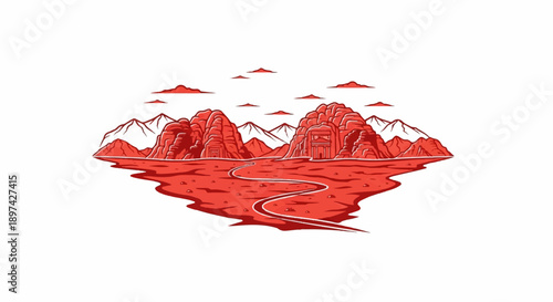 Stylized red desert landscape with carved rock formations and a winding path