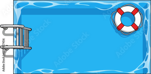A graphic illustration of a blue swimming pool with a ladder and a life preserver