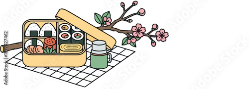 Bento box with sushi, onigiri, and a drink beside a cherry blossom branch on a checkered mat