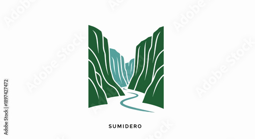 Stylized green canyon with winding river and a name below