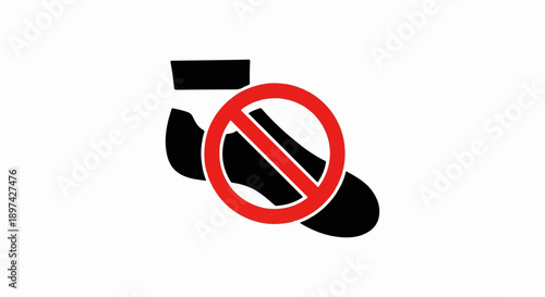 A prohibition symbol in red overlaying a black silhouette of a foot in a sock