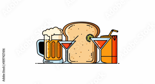 A beer mug, martini glasses, a slice of toast, and a juice box form a stylized food and drink arrangement