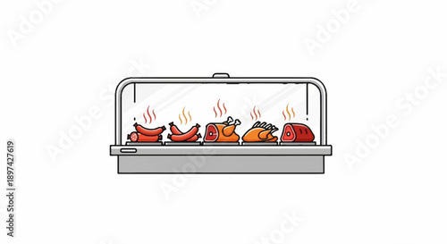 A warming display case showcases a variety of cooked meats including sausages, chickens, and roasts
