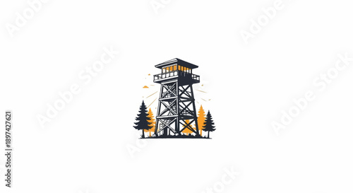 Vintage watchtower stands tall amidst evergreen trees, bathed in warm sunlight