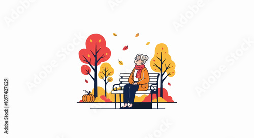 Elderly woman sits on a park bench amidst autumn foliage