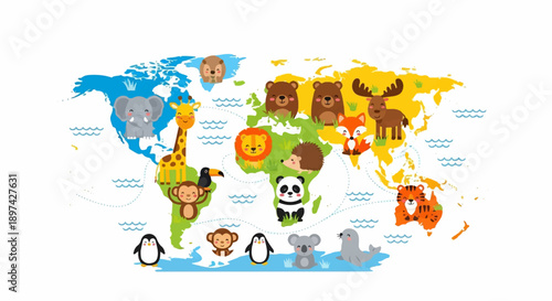 A world map with cute cartoon animals placed on different continents, depicting their habitats