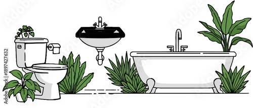 A bathroom scene with a toilet, sink, and bathtub, surrounded by lush green plants, creating a serene atmosphere