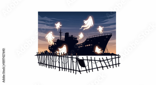 Ethereal apparitions dance around a ghostly shipwreck under a twilight sky