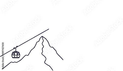 Simple line art shows a cable car ascending a mountain peak