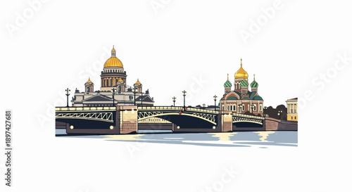A pixelated, illustrative cityscape features domes, a bridge, and a body of water