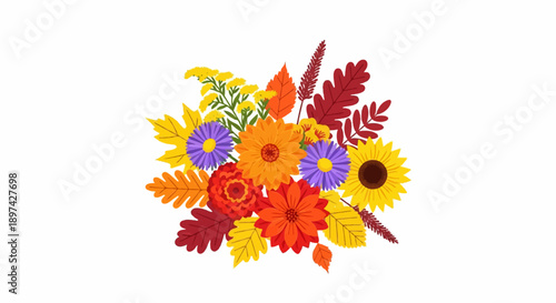 A vibrant bouquet of autumn flowers and leaves in warm hues