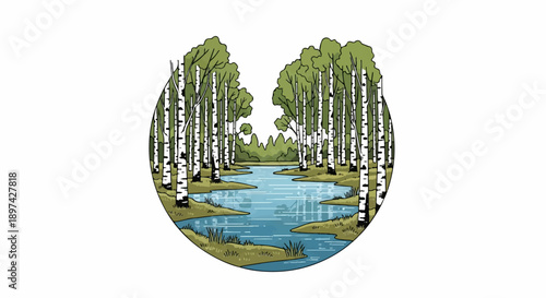 A tranquil forest scene with a calm body of water reflecting the surrounding birch trees and lush greenery