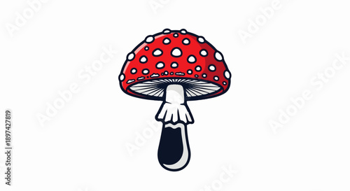 Red mushroom with white spots, featuring a white stem with a ruffled collar and a dark base