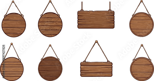 Collection of rustic wooden signs, round and rectangular, suspended by ropes