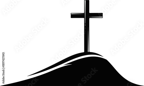 A striking black cross stands atop a dark, sloping hill, symbolizing faith