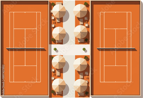 Aerial view of a tennis club with clay courts and seating areas under umbrellas