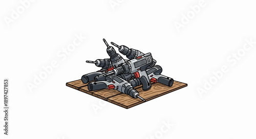 A pile of cordless drills rests on a wooden platform, ready for use