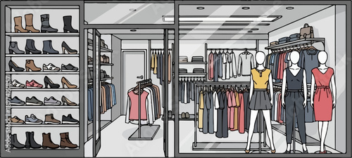 Clothing store interior with racks of apparel and shoe displays