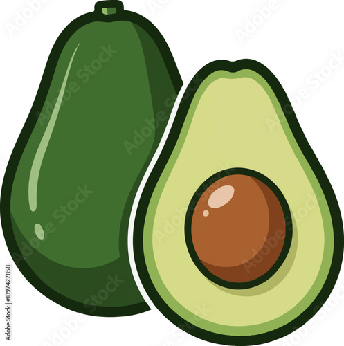 A whole and a halved avocado with a large brown pit, rendered in a simple cartoon style