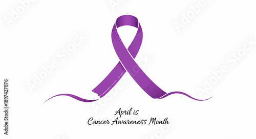 A purple ribbon symbolizes awareness for cancer, with text indicating April is Cancer Awareness Month