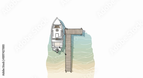 Aerial view of a white boat docked at a wooden pier on a sandy shore with calm turquoise waters