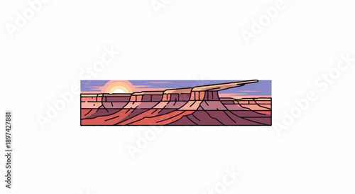 Striking desert vista with layered rock formations under a warm, pastel sky