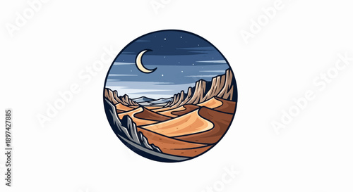 Stylized pixel art of a desert landscape at night with a crescent moon and stars