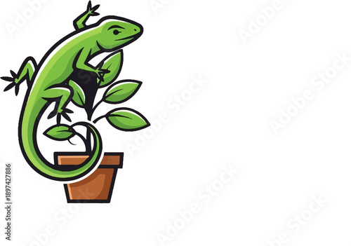 Green lizard perched on a potted plant with lush leaves