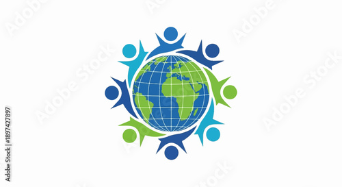 Stylized globe with diverse figures embracing, symbolizing global unity and connection