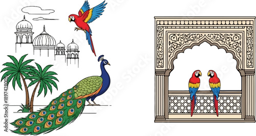 Colorful parrots and peacock in exotic architectural setting with palm trees